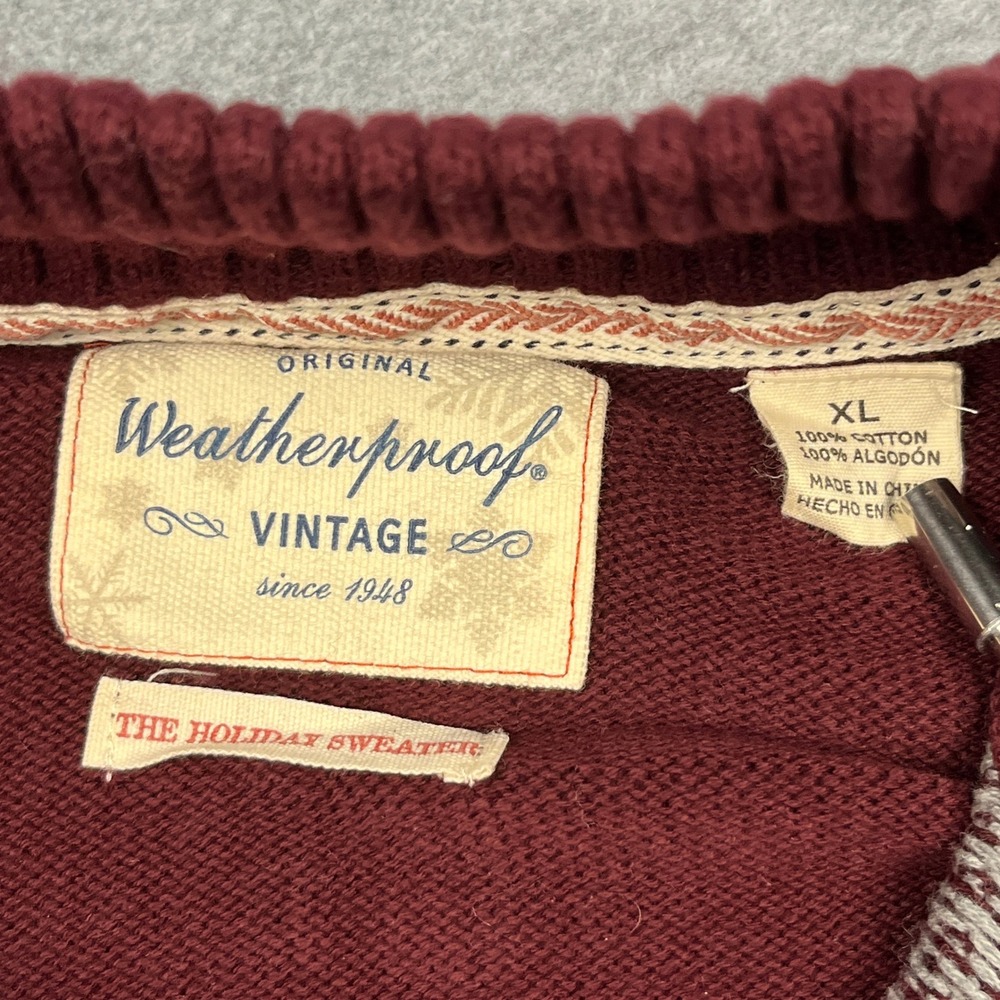 Weatherproof Vintage Sweater Mens XL Burgundy Holiday Sweater 1/4 Zip Fair Isle - Picture 2 of 6